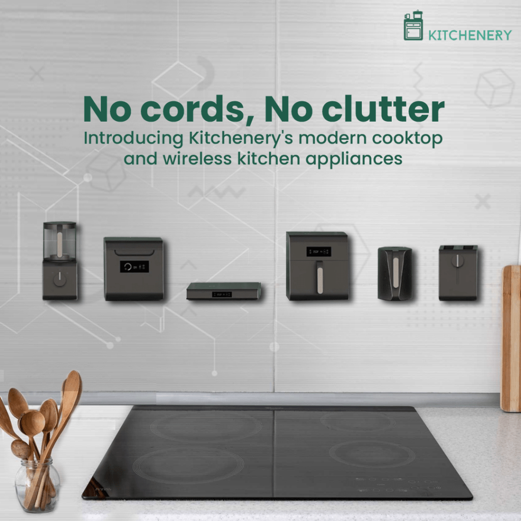 Kitchenery wireless cordless appliances kitchen design technology cordless cooking cooktop quantum pad energy small modular modern sleek design idea cabinet countertop induction appliances 