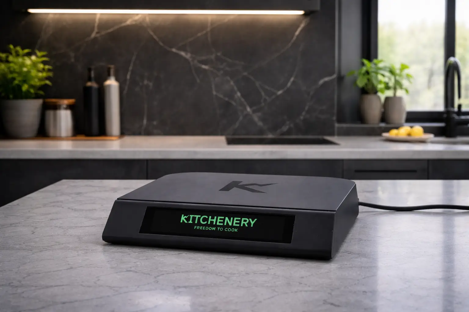 Black electronic cooking device on a marble kitchen island; its display reads 'KITCHENERY' with the slogan 'FREEDOM TO COOK' in green.